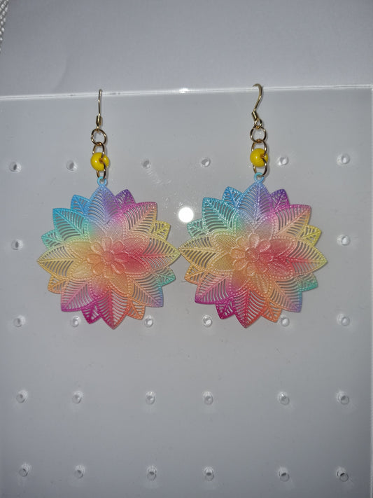 Boucles d'oreilles fantaisie multi couleurs et une perle jaune .