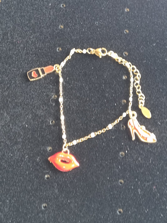 Bracelet fantaisie pampilles bouché,chaussure,rouge à lèvres acier inoxydable